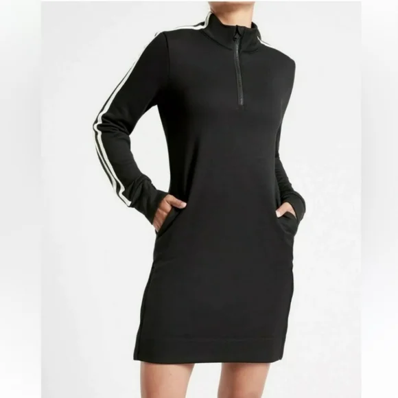 Athleta Circa Black With White Stripes Longsleeve Mini Track Dress - Picture 2 of 15